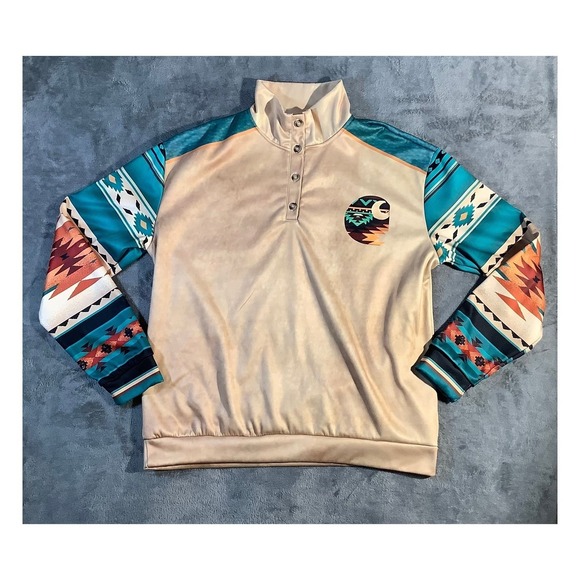 The Unbranded Brand Other - Men's XL Southwestern Aztec Pullover Jacket 1/4 Button Fleece Tan Teal
